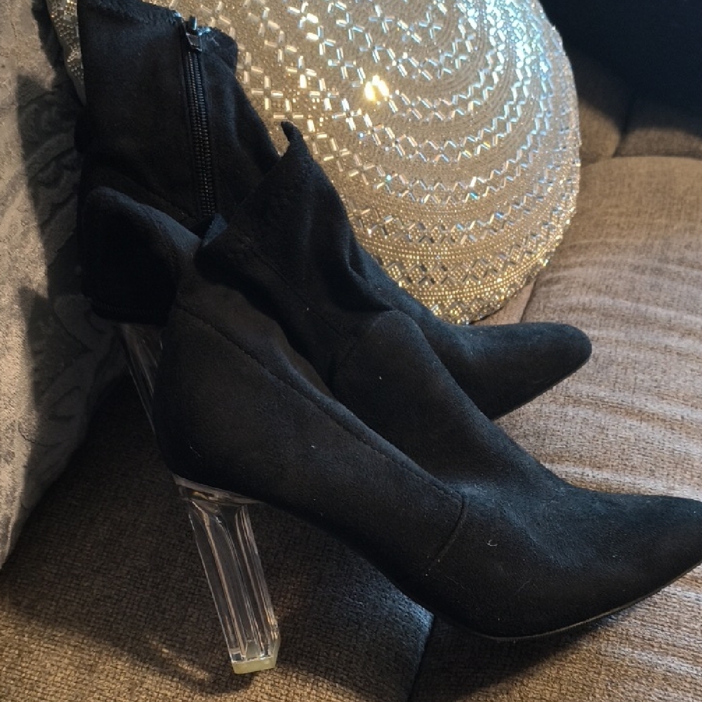Wild Pair Black Pointed Ankle Boots with Clear Block Heel